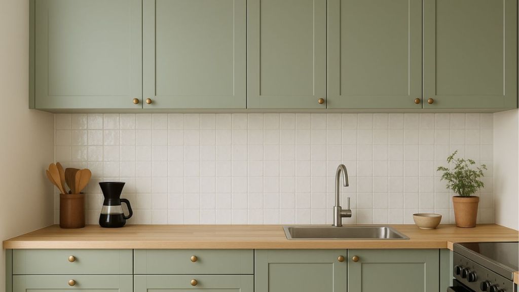 credence d'une cuisine vert sauge avec du zellige blanc cassé