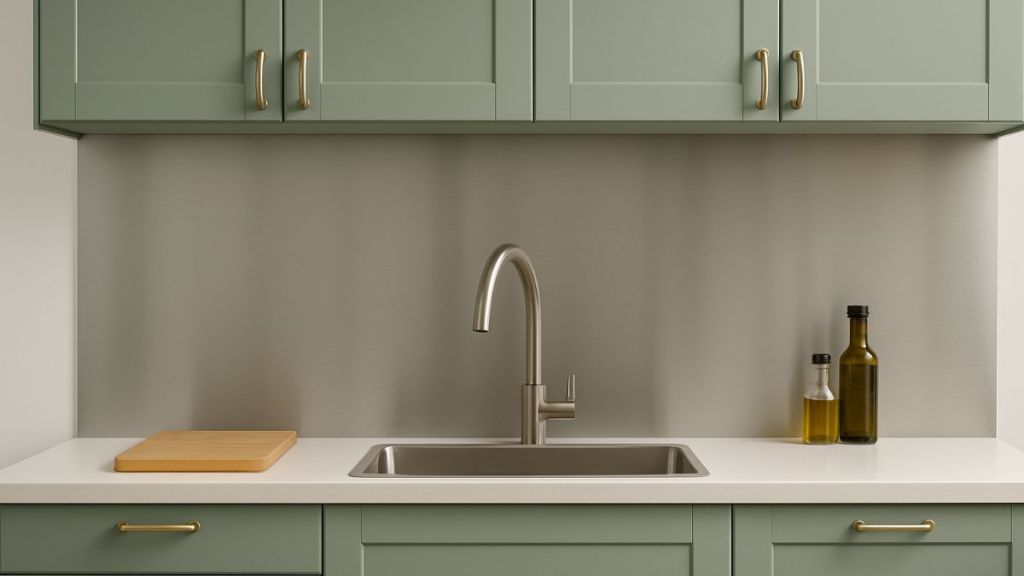 credence d'une cuisine vert sauge avec inox brossé