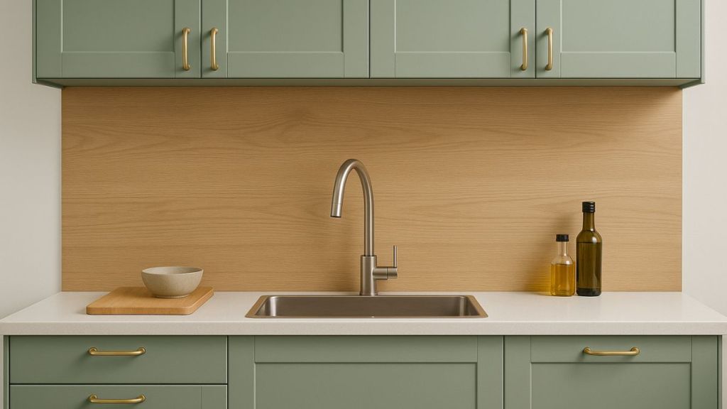 credence d'une cuisine vert sauge avec du bois clair