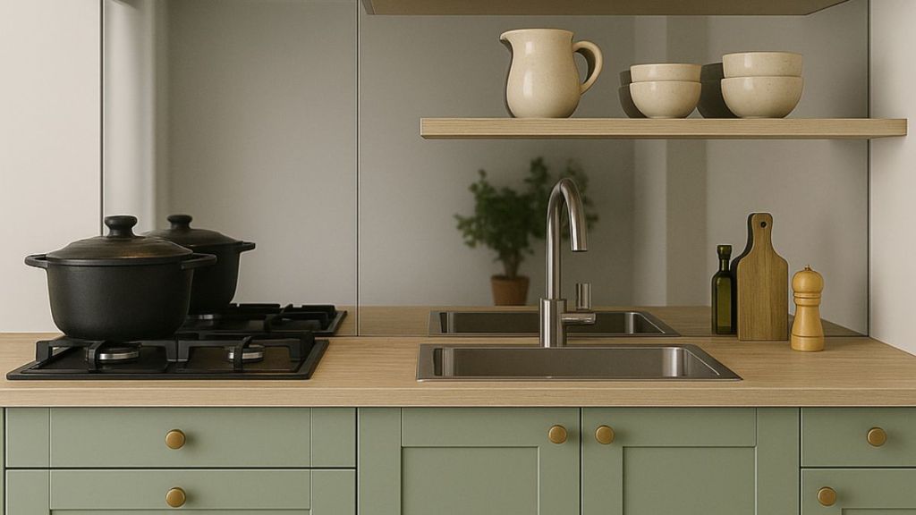 credence d'une cuisine vert sauge avec du miroir