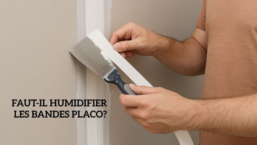 Application d’une bande placo humidifiée sur un mur, avec un couteau à enduire