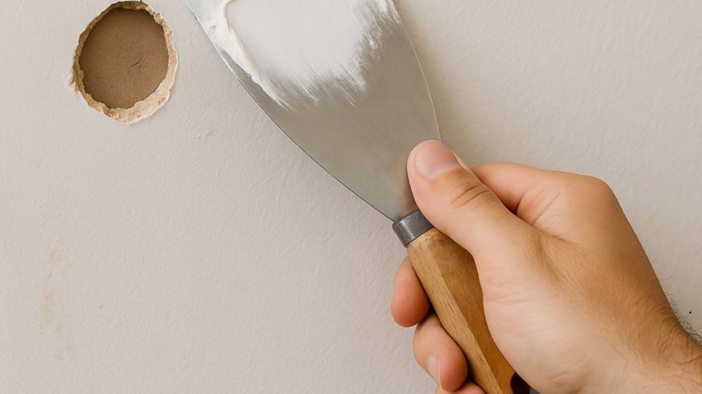 Application d’enduit pour reboucher un trou dans du placo avec une spatule en bois