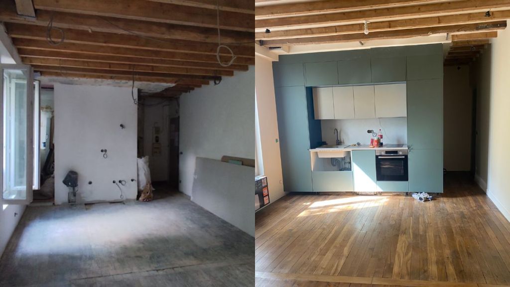 Avant et après rénovation d’un salon avec parquet poncé et cuisine ouverte moderne vert sauge