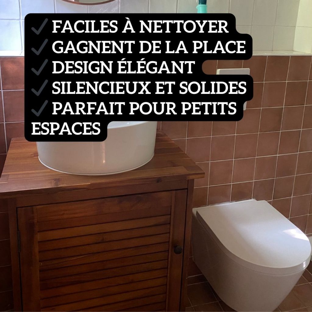Liste des avantages d’un WC suspendu Geberit : facile à nettoyer, design élégant, silencieux, gain de place, idéal pour petit espace