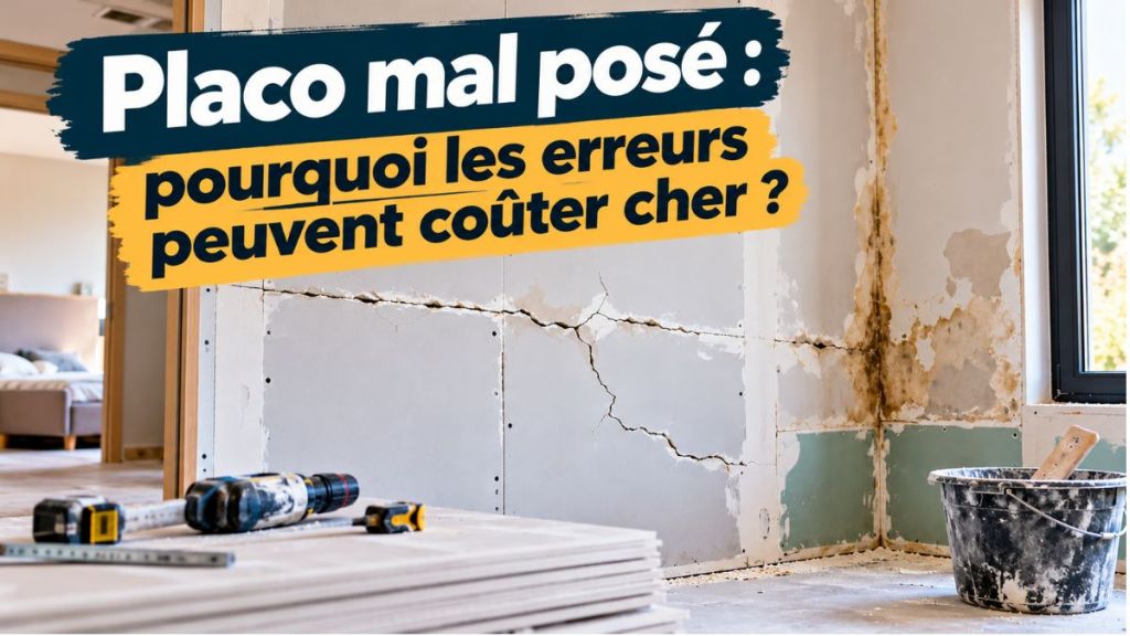 Placo mal posé avec fissures et traces d’humidité dans une pièce en travaux